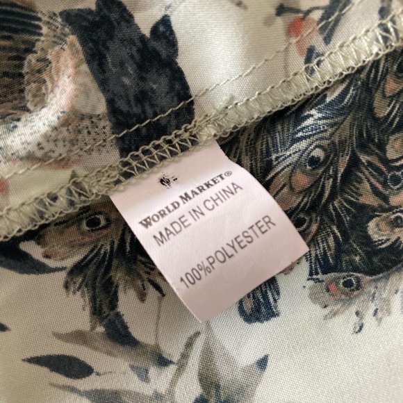 World Market Blouse Womens Small Medium Green Floral Peacocks Pleated Sleeve - Picture 4 of 9